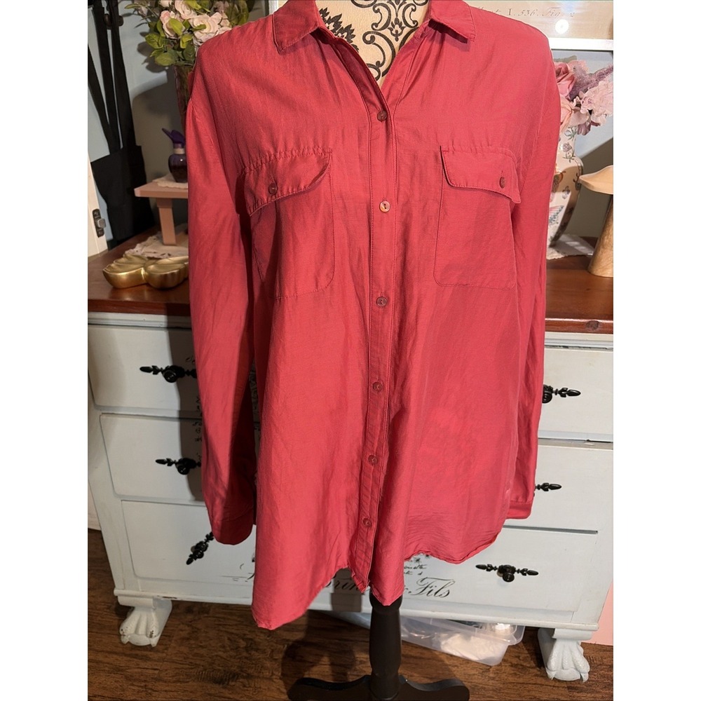 Lucky Brand Silk & Cotton Blend Button Up Women's  Roll Tab Sleeve Blouse Large